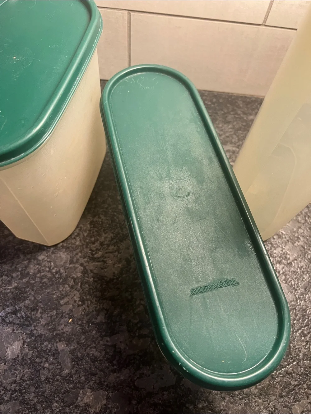 Tupperware Cream Containers with Dark Green Lids - Modular Pantry Set